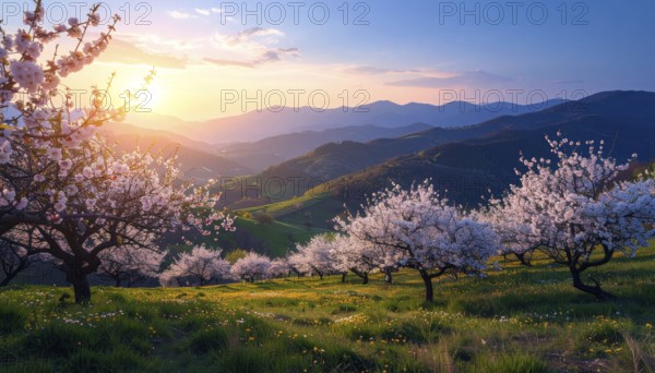 Landscape with a blooming apricot tree, idilyc spring nature, green grass and mountains in background, blue cloudy sky in sunset web banner spring time concept, AI generated