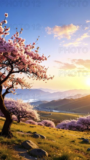 Landscape with a blooming apricot tree, idilyc spring nature, green grass and mountains in background, blue cloudy sky in sunset web banner spring time concept, AI generated
