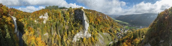 Aerial view, panorama from the viewpoint, shovels and Hausen Castle, also known as the Hausen ruins, surrounded by autumn vegetation, a ruin of a castle above the village of Hausen in the valley in the Upper Danube Valley, Beuron, Sigmaringen district, Baden-Württemberg, Germany