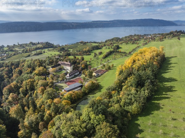 Aerial view of Lake Constance, Überlinger See, surrounded by autumn vegetation with Spetzgart Castle, Salem International College, Bodanrück on the horizon, Lake Constance District, Baden-Württemberg, Germany