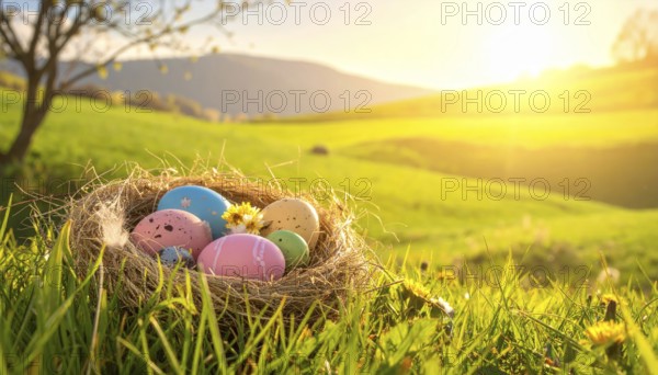 Nest with easter eggs in a basket on grass, sunny spring day, fresh beautiful landscape at daylight, soft focus for calm scenery, festive Easter decoration, wallpaper illustration banner, panorama, background, AI generated
