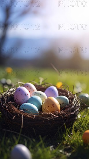 Nest with easter eggs in a basket on grass, sunny spring day, fresh beautiful landscape at daylight, soft focus for calm scenery, festive Easter decoration, wallpaper illustration banner, panorama, background, AI generated