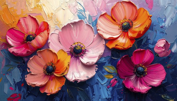 Closeup of abstract rough colorful multicolored organic floral spring flowers art painting texture, with oil acrylic brushstroke, pallet knife paint on canvas wallpaper, AI generated