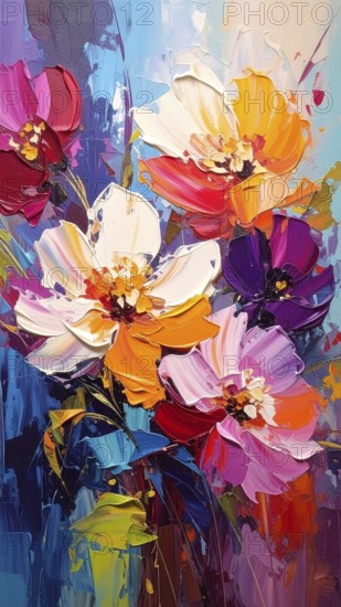 Closeup of abstract rough colorful multicolored organic floral spring flowers art painting texture, with oil acrylic brushstroke, pallet knife paint on canvas wallpaper, AI generated