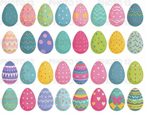 Set of easter eggs flat design on white background, abstract vector wallpaper illustration, banner for springtime, AI generated