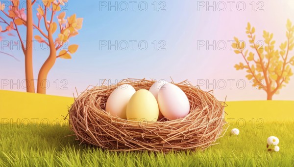 Nest with easter eggs in grass on a sunny spring day, Easter wallpaper decoration drawing, banner, panorama, background, abstract vector illustration, AI generated