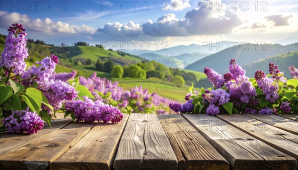 Beautiful Spring Lilacs Bloom Over Wooden Table with Rolling Hills in Background, sunrise at horizon, AI generated