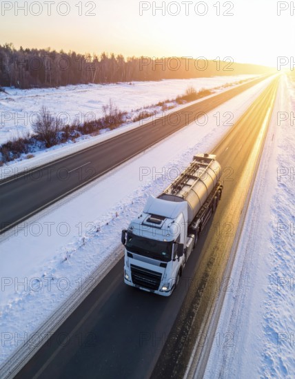 Petrol cargo truck lorry tanker driving on highway hauling oil products at sunrise, wide snowy landscape in winter, AI generated