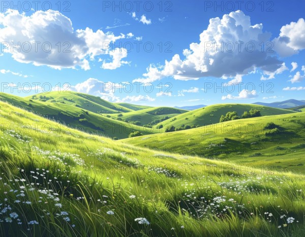 Fresh summer hilly Landscape with blooming Meadow, green plants, Blue Sky with cloudy sky, serene nature background, abstract vector illustration, AI generated