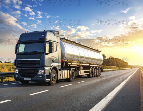 Petrol cargo truck lorry tanker driving on highway hauling oil products at sunrise, wide hilly landscape, AI generated