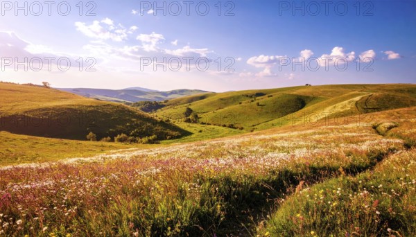 Fresh summer hilly Landscape with blooming Meadow, green plants, Blue Sky with cloudy sky, serene nature background, AI generated