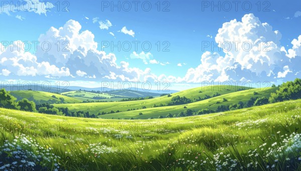 Fresh summer hilly Landscape with blooming Meadow, green plants, Blue Sky with cloudy sky, serene nature background, abstract vector illustration, AI generated
