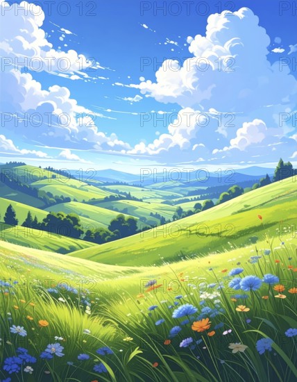 Fresh summer hilly Landscape with blooming Meadow, green plants, Blue Sky with cloudy sky, serene nature background, abstract vector illustration, AI generated
