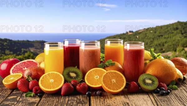 Fresh fruit juices in glasses, surrounded by colorful fruits, showcasing healthy drinking and eating, fitness and wellness lifestyle, AI generated