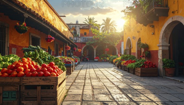 Traditional Mexican plaza with crates of peppers, onions, and tomatoes, economic prosperity in local trade, travel destination in America, AI generated