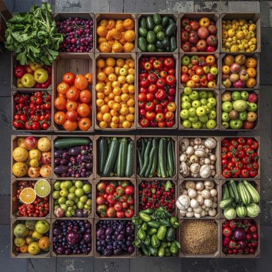Fresh fruits and vegetables in a market display, aerial view perpendicular top down, healthy eating and lifestyle, AI generated
