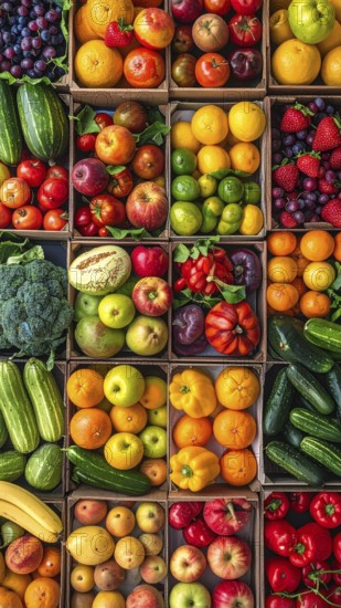 Fresh fruits and vegetables in a market display, aerial view perpendicular top down, healthy eating and lifestyle, AI generated