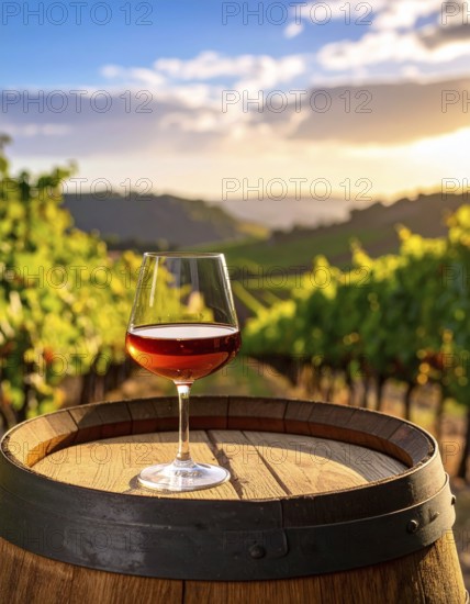 A glass of 10-year-old tawny wine placed on a barrel in a vineyard restaurant, vineyard landscape in blurred background, AI generated
