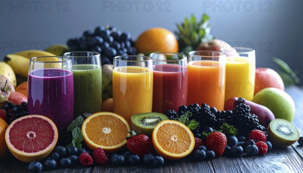 Fresh fruit juices in glasses, surrounded by colorful fruits, showcasing healthy drinking and eating, fitness and wellness lifestyle, AI generated