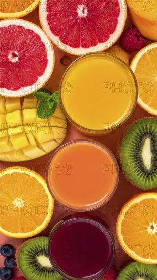 Fresh fruit juices in glasses, surrounded by colorful fruits, showcasing healthy drinking and eating, fitness and wellness lifestyle, AI generated
