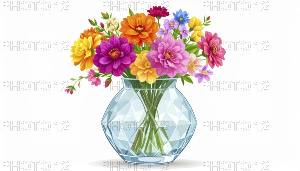 Crystal glass vase with vibrant blooming flowers, vibrant vector drawing illustration for fresh spring background, AI generated
