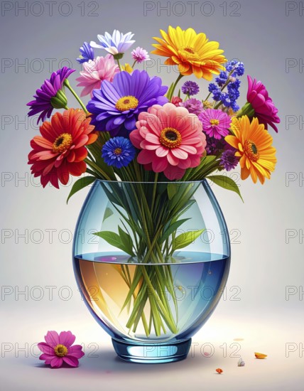 Crystal glass vase with vibrant blooming flowers, vibrant vector drawing illustration for fresh spring background, AI generated
