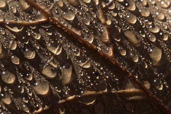 Dew drops on the leaf of a red oak (Quercus rubra), Emsland, Lower Saxony, Germany
