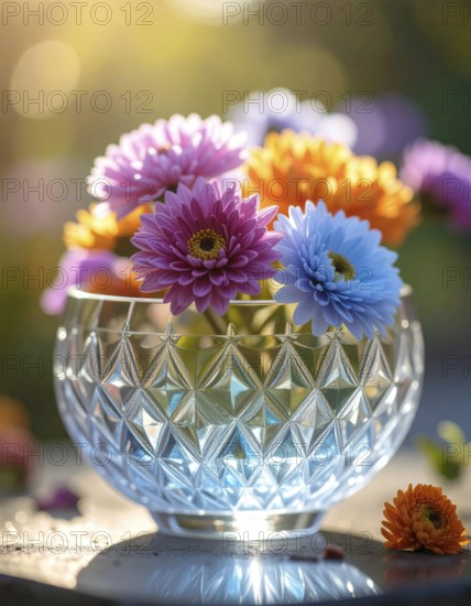 Crystal glass vase with vibrant blooming flowers, fresh spring and summer concept, AI generated