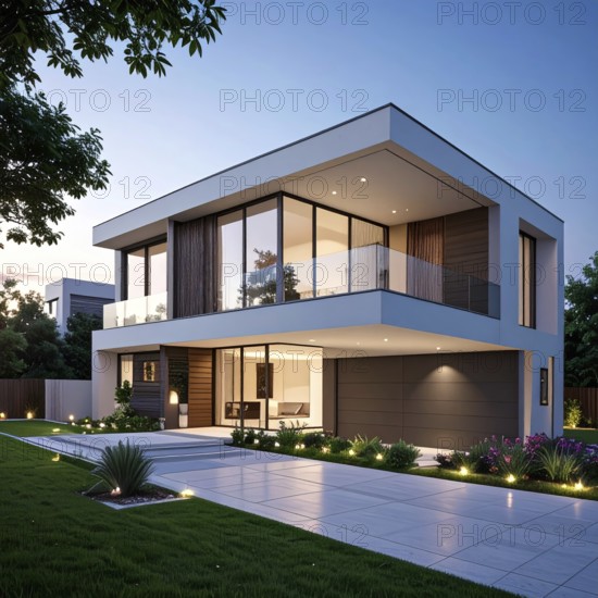 Modern residential house with green garden, simple geometric architecture, clear blue sky in the evening sunset, symbol for a real estate lifestyle, AI generated