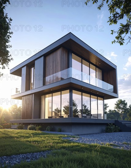 Modern residential house with green garden, simple geometric architecture, clear blue sky in the evening sunset, symbol for a real estate lifestyle, AI generated