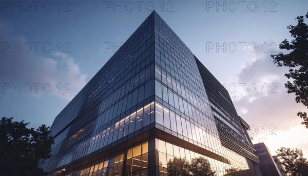 Modern building reflecting sunset light at dusk. Abstract Futuristic Business Background, AI generated