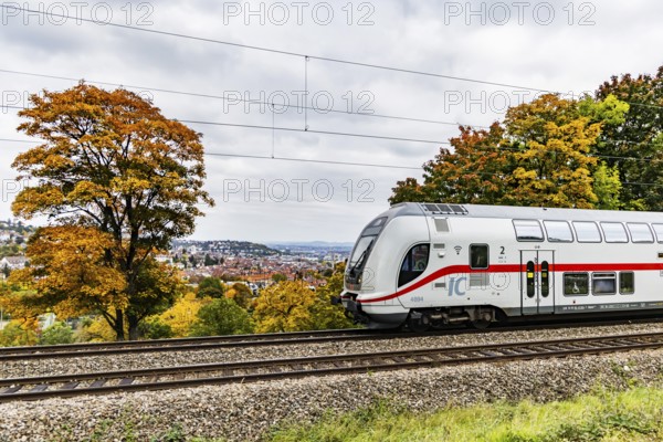 InterCity operated by Deutsche Bahn AG on the road between Stuttgart and Singen. The panoramic route through Stuttgart-West is part of the Gäu Railway. Stuttgart, Baden-Württemberg, Germany