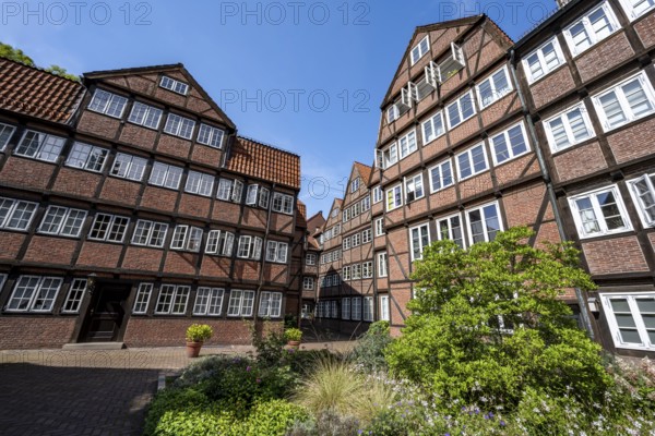 Facades of the historic brick buildings, inner courtyard, view over the city, Peterstraße, composers' quarter, Neustadt, Hamburg, Germany