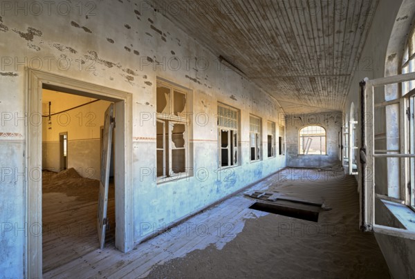 Former dwelling house full of sand, Kolmanskop, restricted diamond area, Karas region, Namibia