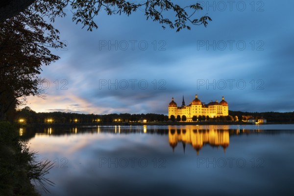Moritzburg Castle in the blue hour, castle pond, reflection, sunset, Moritzburg, Saxony, Germany