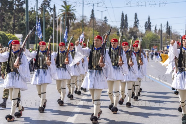 The traditional changing of the guard of the Evzones in front of the Greek Parliament in the Greek capital Athens, Greece