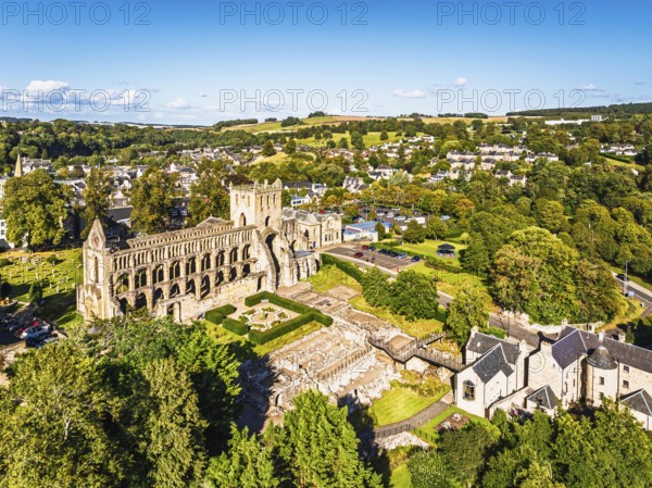 Jedburgh Abbey from a drone, Augustinian Abbey, Jedburgh, Scottish Borders, Scotland, UK