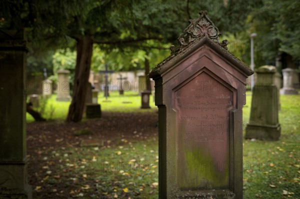 Gravestones, grave, graves, Hoppenlauf cemetery, oldest preserved cemetery in Stuttgart, autumn leaves, autumn, autumnal, Baden-Württemberg, Germany