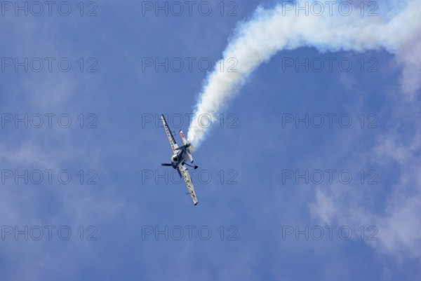 A Jakovlev Jak-55 with the registration LY-AGL during a flight demonstration as part of an air show at the Rossfeld in Metzingen-Glems, Baden-Württemberg, Germany, for editorial use only