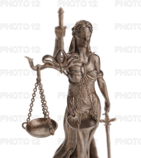 Bronze lady of justice statue isolated on a white background