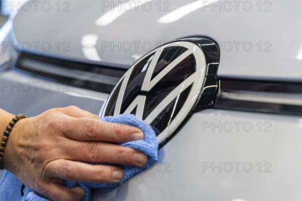 Electric car production in the assembly halls of VW in Zwickau. VW logo, Zwickau, Saxony, Germany