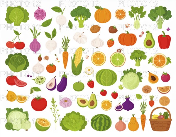 Spring and summer fruit and vegetable element set, vector illustration, AI generated
