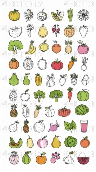 Spring and summer fruit and vegetable element set, vector illustration, AI generated