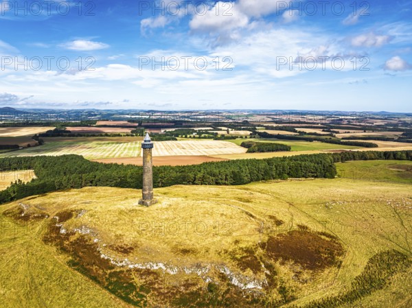 Waterloo Monument over Scottish fields and farms from a drone, Jedburgh, Scotland, UK