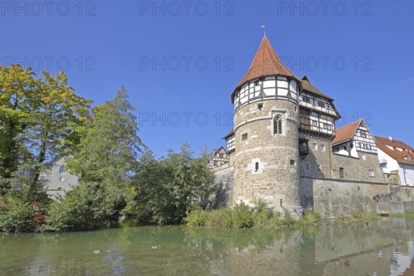 Zollern Castle built around 1255 with water tower on the Eybach stream, half-timbered house, autumn, castle, Balingen, Swabian Alb, Baden-Württemberg, Germany