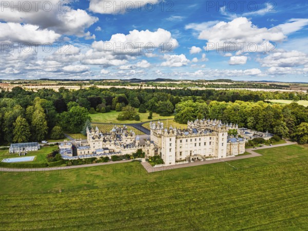 Floors Castle and garden from a drone, Duke of Roxburghe, Roxburghshire, Scotland, UK
