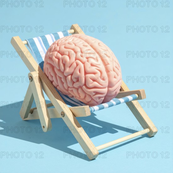 Brain relaxes on a sunbed under the summer sun, placed on a flat surface, symbol for mental health, AI generated