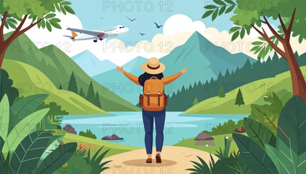 Traveling and hiking in mountain landscape, abstract vector illustration, AI generated image