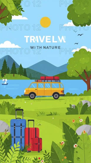 Traveling and hiking in mountain landscape, abstract vector illustration, AI generated image