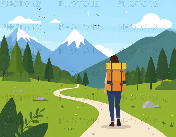 Traveling and hiking in mountain landscape, abstract vector illustration, AI generated image